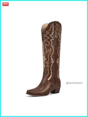 Knee High Cowboy Boots Women Low Heel Slip On Embroidery Western